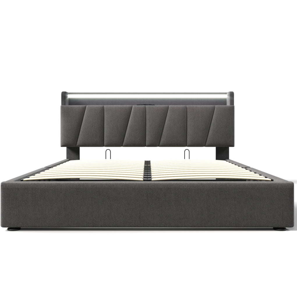 Letto contenitore 140x200 cm con testiera con prese e LED RGBW in lino grigio