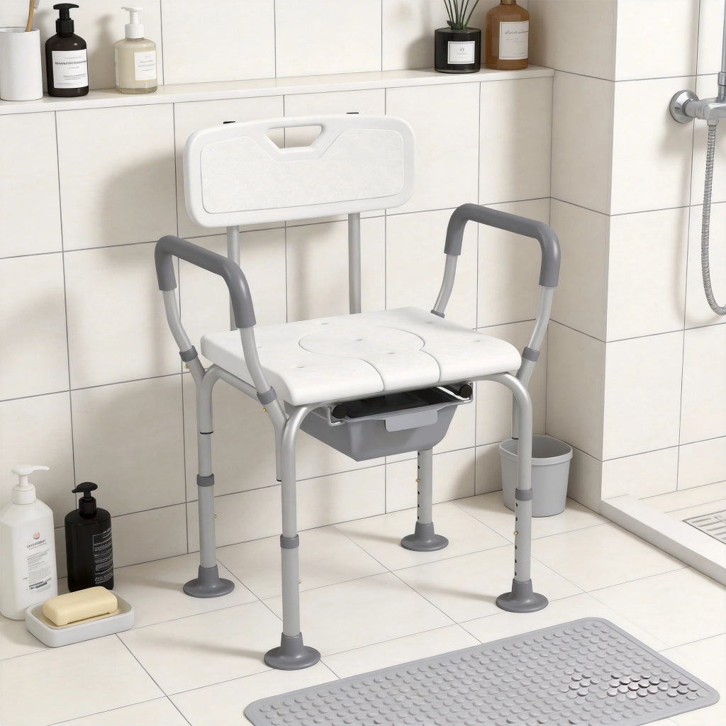 Sedia da doccia con seggiolino e secchio ¨C zephmum ¨C regolabile in altezza, antiscivolo, HDPE bianco