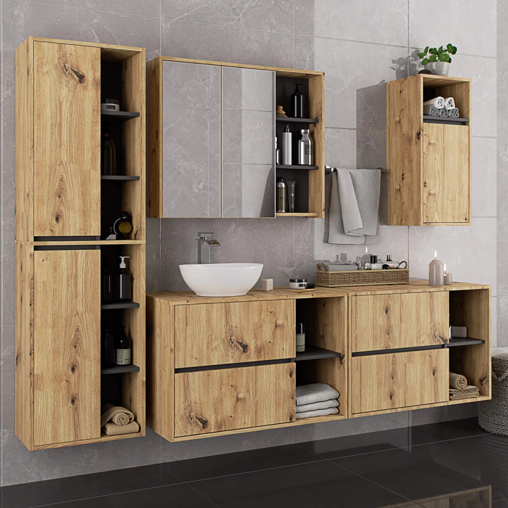 Pensile bagno con specchio VAMI Rovere Artisan, Grigio Grafite 90 cm 2 ante 90x15x75 cm