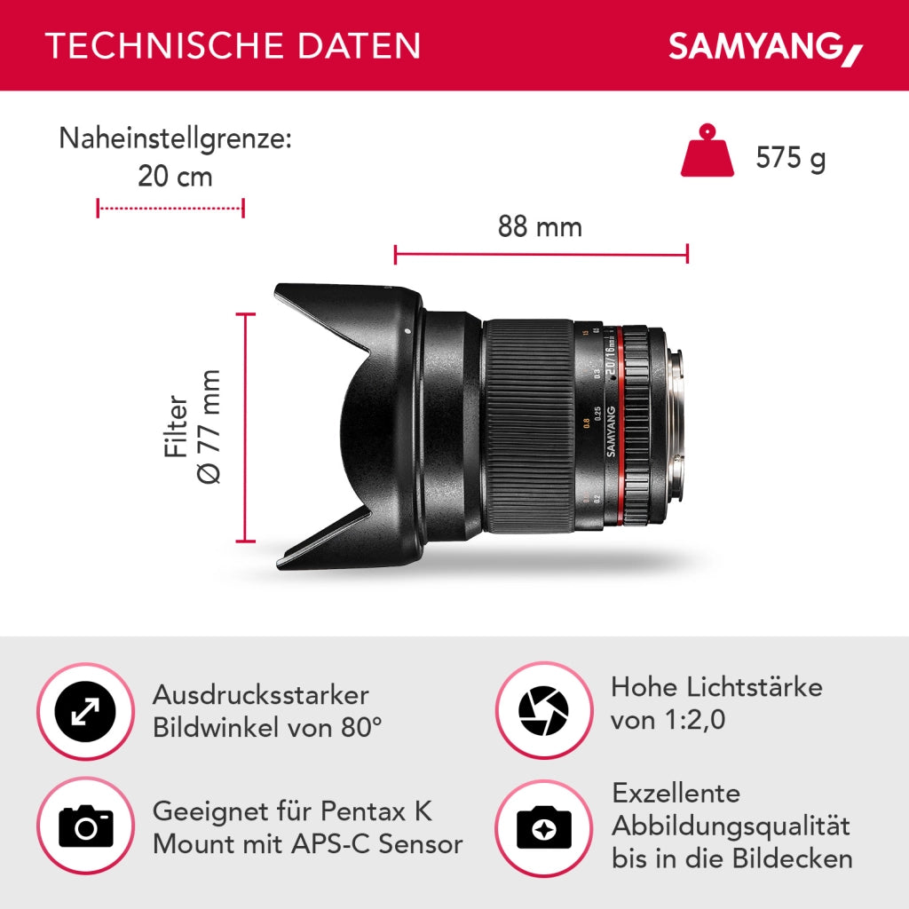 SAMYANG Obiettivo 16 mm F2.0 per attacco Pentax K nero