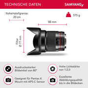 SAMYANG Obiettivo 16 mm F2.0 per attacco Pentax K nero