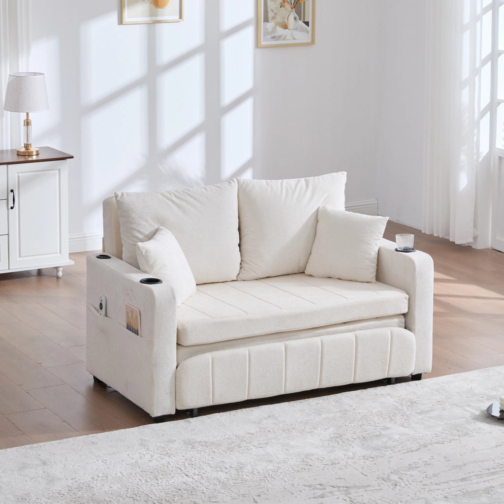 OKWISH Divano Letto 2 Posti, Funzione Letto con Tasca Laterale e Portabicchieri, Ciniglia, Beige, 139 x 83 x 58 cm
