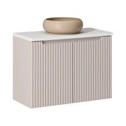 Insieme VANO cashmere e bianco 80cm: mobile sottolavabo con armadietti + piano per lavabo + lavabo da appoggio rotondo cappuccino