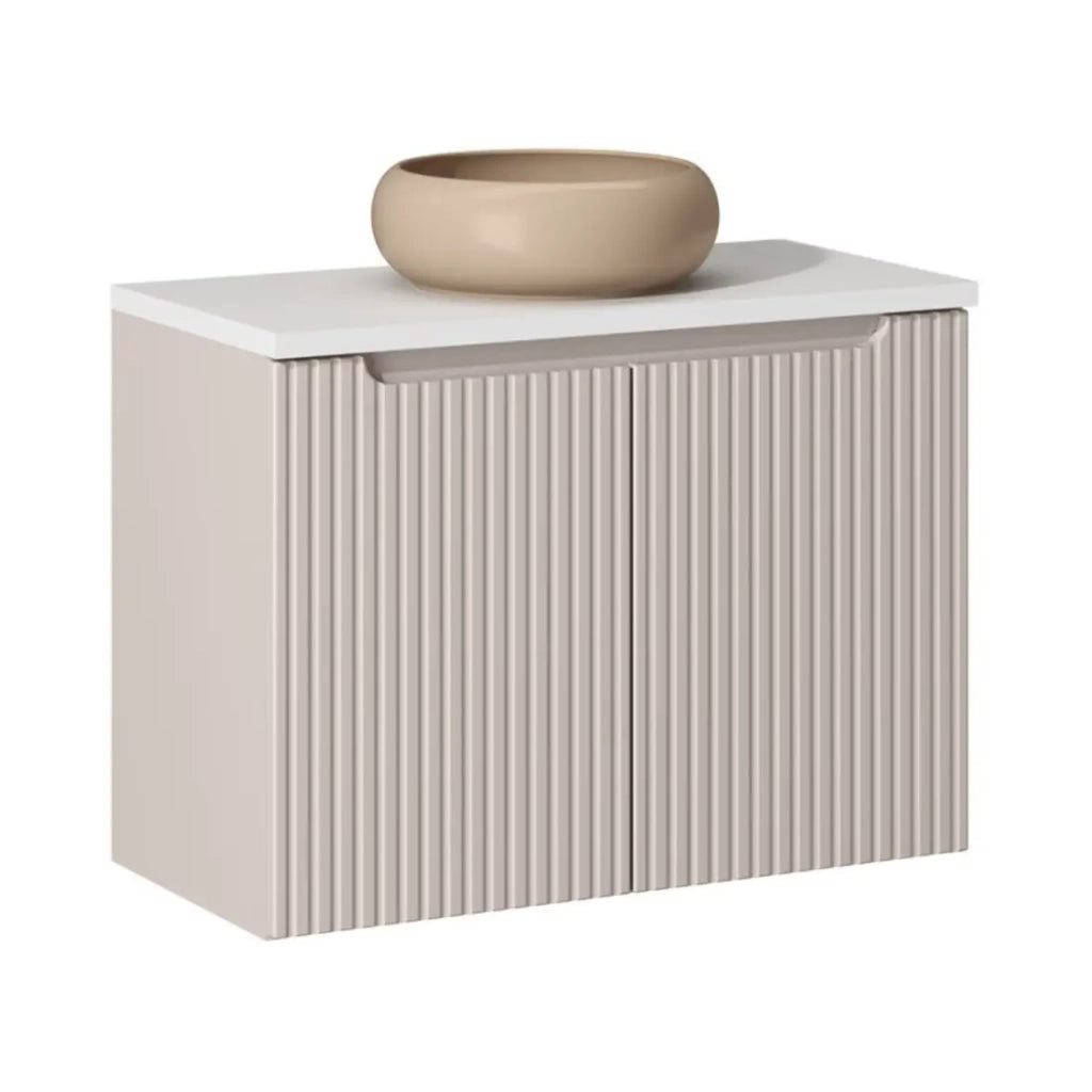 Insieme VANO cashmere e bianco 80cm: mobile sottolavabo con armadietti + piano per lavabo + lavabo da appoggio rotondo cappuccino
