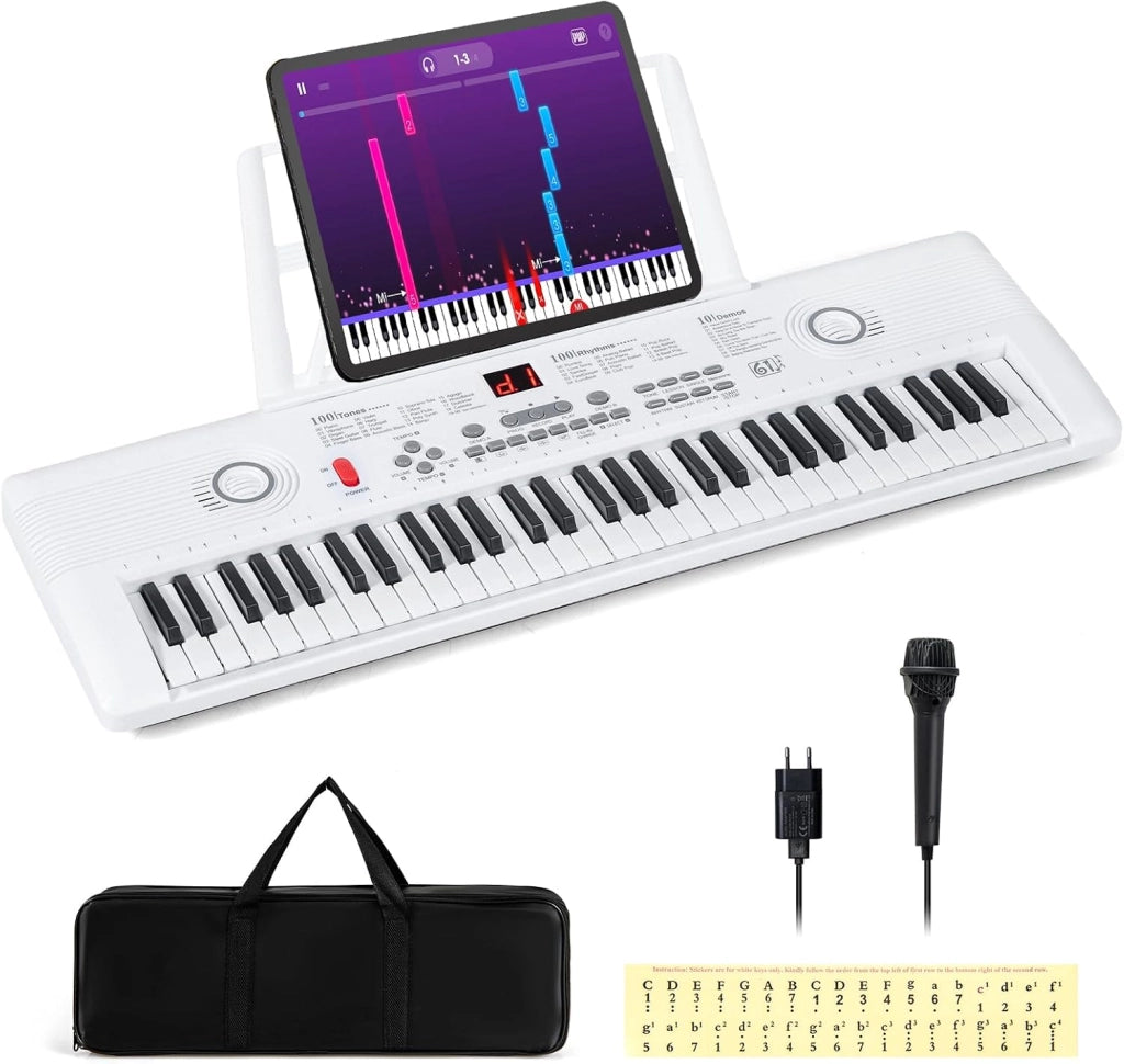 Tastiera Pianoforte 61 Tasti con Microfono (Bianco)
Pianoforte Elettronica Portatile con Leggio, Alimentatore, Borsa da Trasporto, Adesivi per Note per Bambini e Adulti