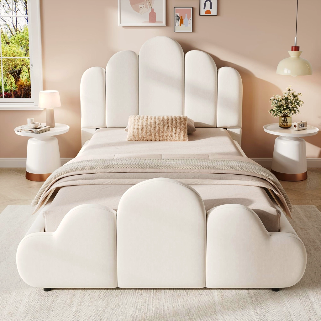 Letto singolo imbottito 90x200 cm in velluto beige con testiera, struttura arrotondata e rete inclusa