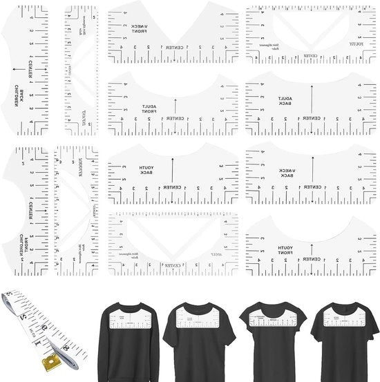 12 pezzi di livella per T-shirt livella - angolo sarto - attrezzo di centratura in PVC - con 1 rotolo di livella - attrezzo di allineamento - strumenti utili.