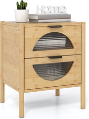 Comodino in bambù, comodino con 2 cassetti in vetro striato, gambe con stampa antiscivolo, 45 x 40 x 56 cm, tavolino per camera da letto, soggiorno