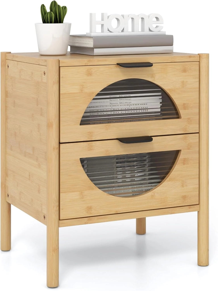 Comodino in bambù, comodino con 2 cassetti in vetro striato, gambe con stampa antiscivolo, 45 x 40 x 56 cm, tavolino per camera da letto, soggiorno