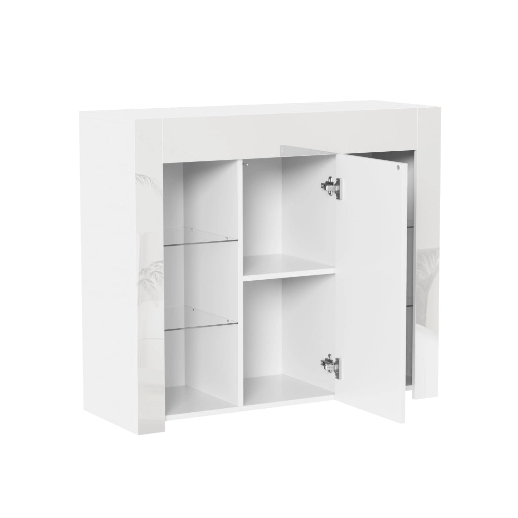 Credenza con 1 Anta e Ripiani in Vetro; Frontale Bianco Lucido; Stile Moderno; in Pannello Truciolare; 95??35??83 cm