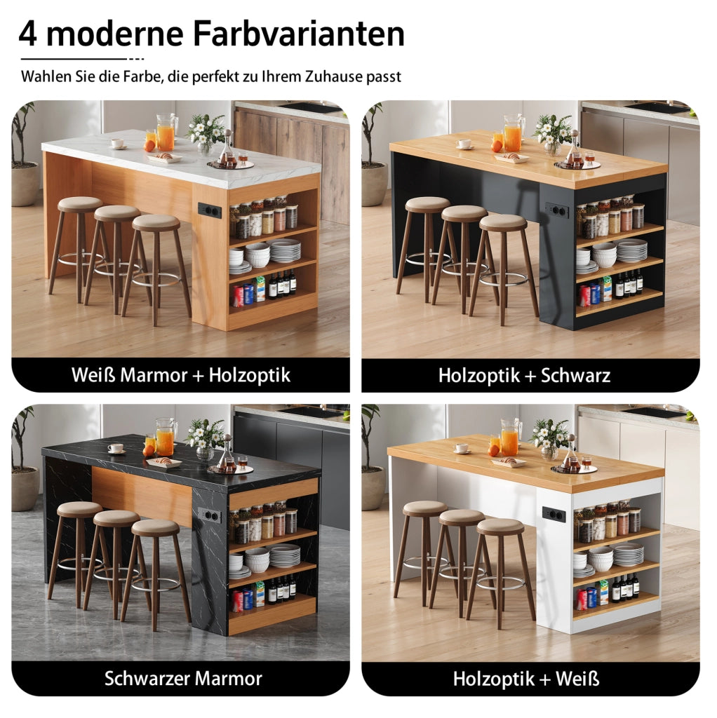 Isola cucina 155x80x90 cm con LED, prese USB e ripiani