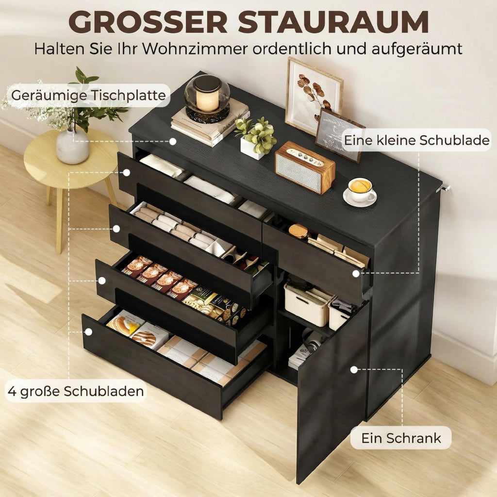 Cassettiera Moderna con 5 Cassetti, Ripiano Regolabile, Ante Soft-Close ¨C zephmum ¨C Nero Lucido