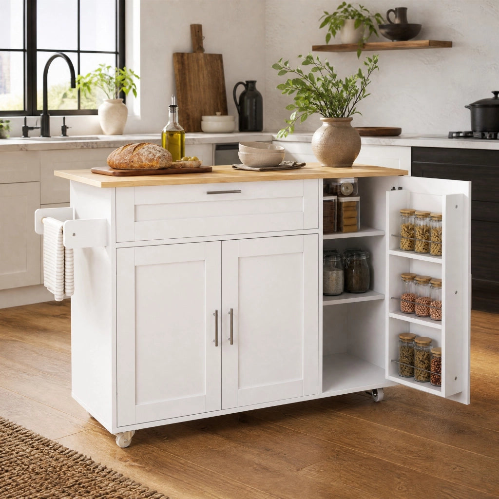 Carrello cucina con piano ribaltabile 132;5x44(70)x90 cm in MDF bianco naturale