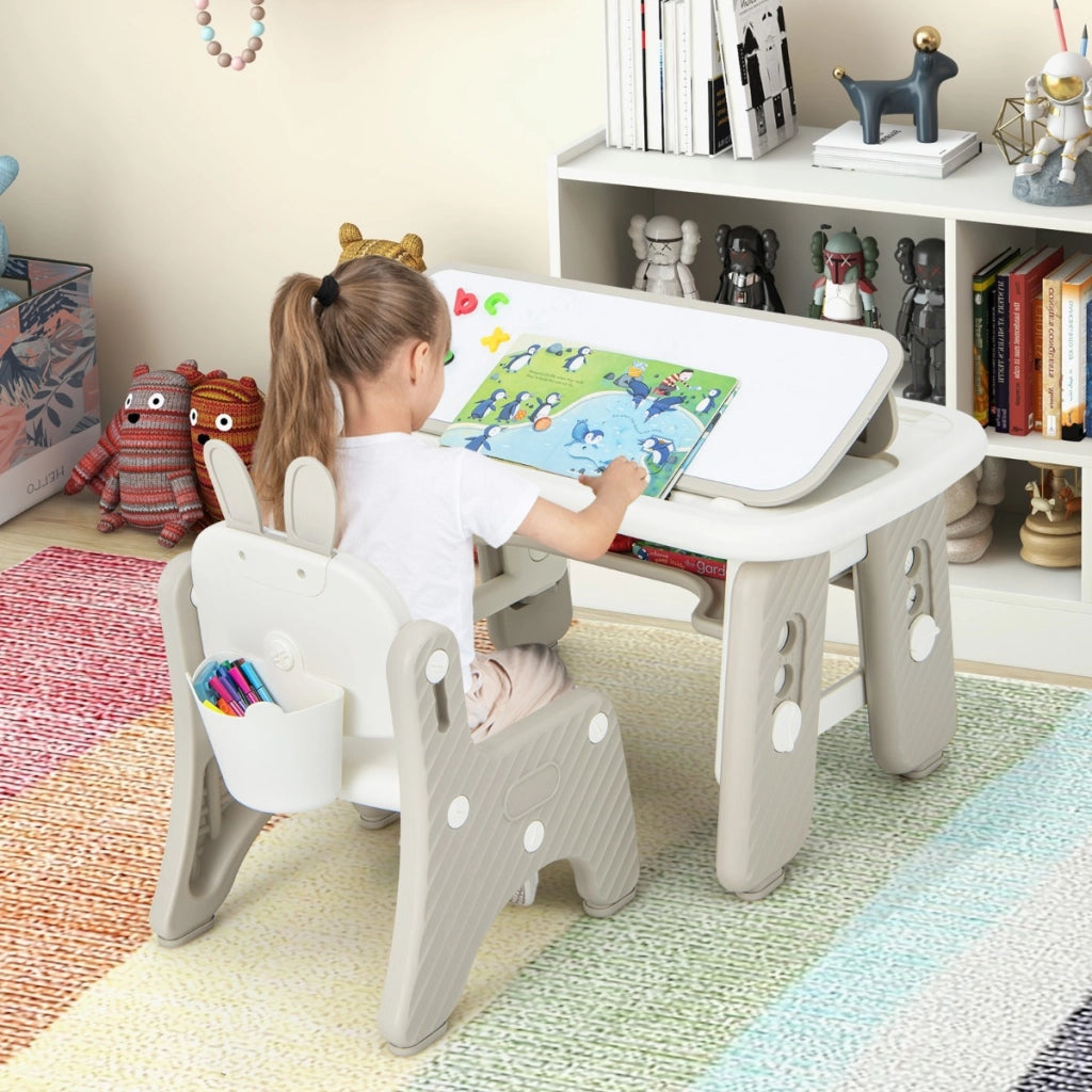 Tavolo e sedia per bambini e cavalletto double face 3 in 1-Tavolino e sedia per imparare e treppiede con lavagna bianca e nera e rotolo di carta