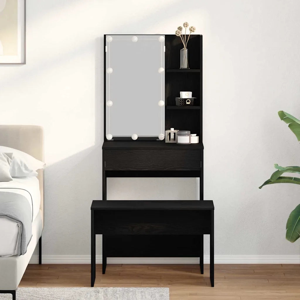 Set Tavolo da Trucco LED 2 pcs Rovere Nero Legno multistrato 3333069