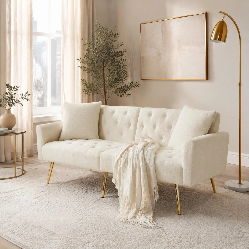 Divano diritto 2 posti con schienale reclinabile 3 posizioni e 2 cuscini, Teddy, Beige