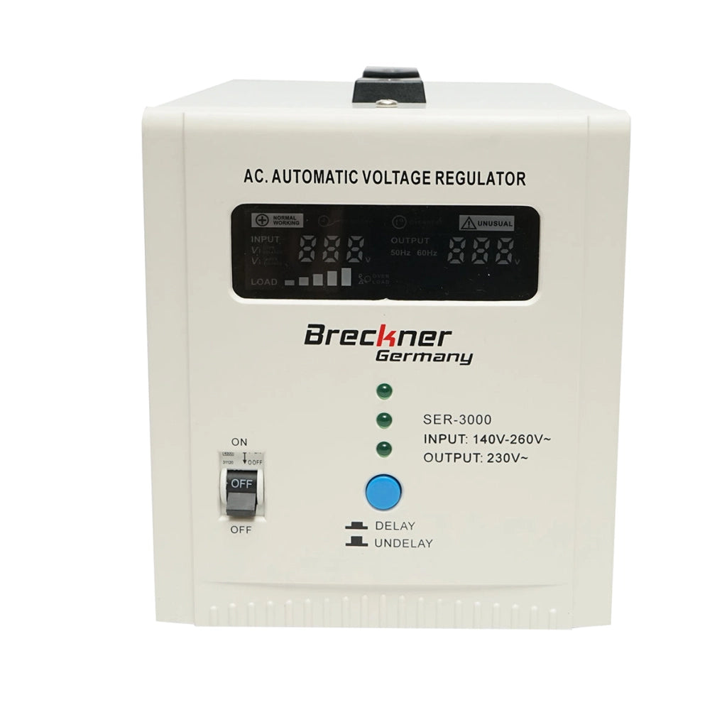 Stabilizzatore di tensione automatico 3000VA con relè monofase, 2 prese schuko 230V, display LCD Breckner Germany
