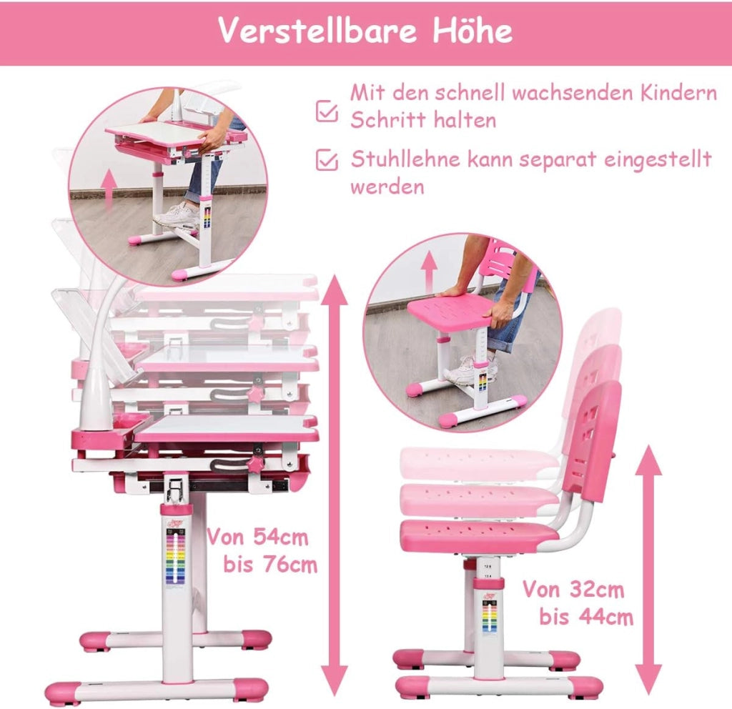 Set Scrivania e Sedia per Bambini 3-12 Anni, Altezza e Angolo Regolabile e Multifunzionale, Con Lampada di Protezione per gli Occhie Cornice per la Lettura (ROSA)