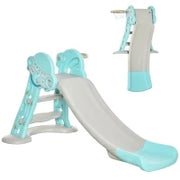 Scivolo per Bambini da 18 Mesi Pieghevole con 3 Scalini e Canestro Basket, 140x87x75cm, Blu e Grigio