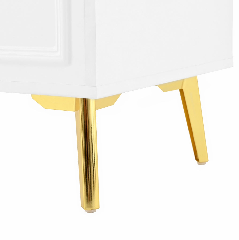 Credenza 140x38x82 cm; 4 cassetti e 4 ante; ripiani regolabili; MDF bianco con dettagli oro