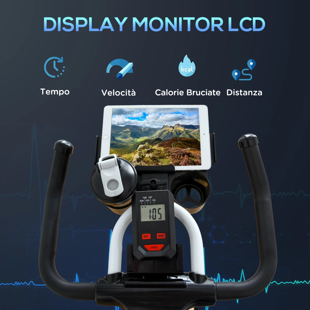 Cyclette da Casa con Resistenza Regolabile, Fitness Cyclette da Camera Professionale Silenzioso con Manubrio e Sella Regolabile, Vassoio Portaoggetti, Monitor LCD, Portabottiglie, Ruote, Bianco