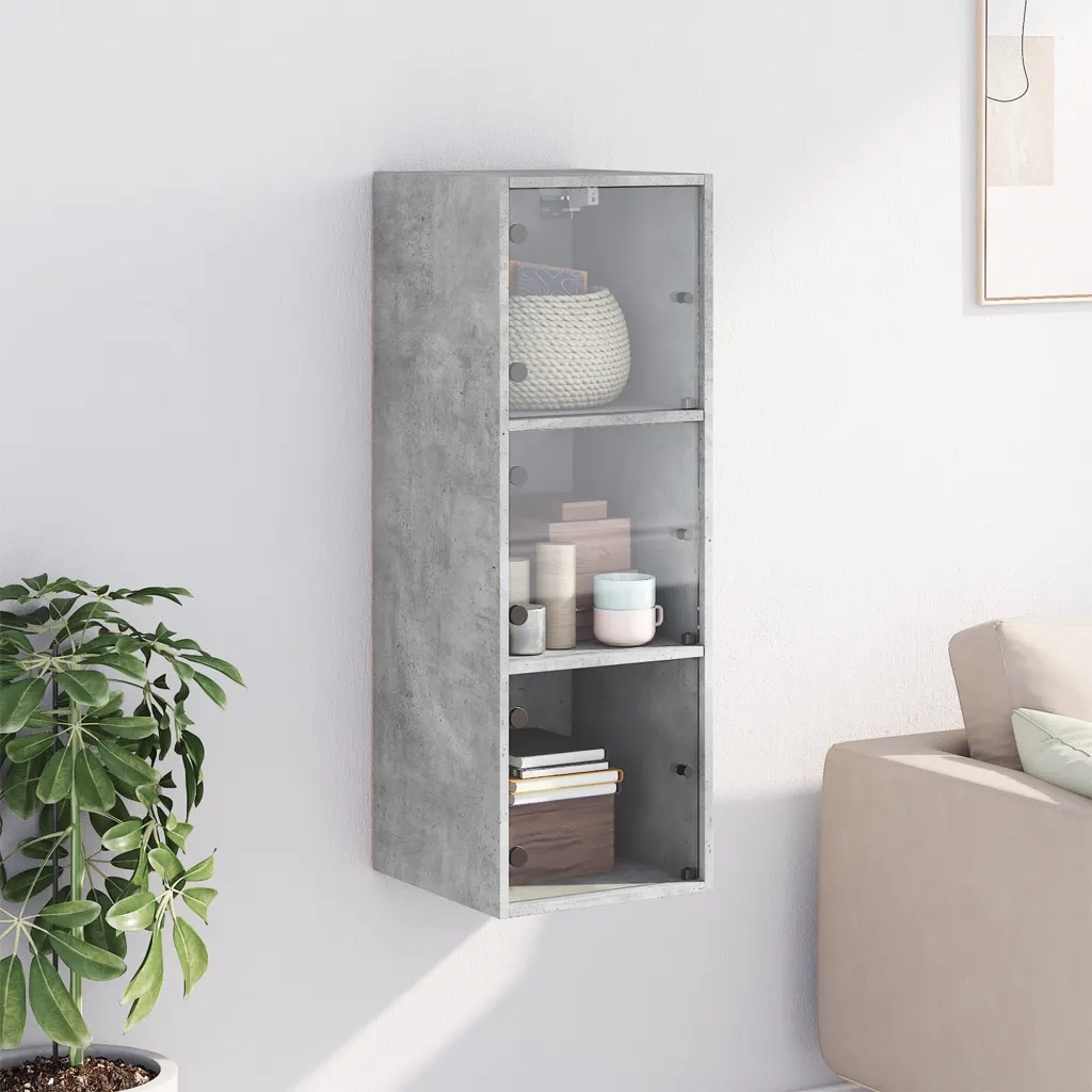 Armadietto a Muro | Mobile a Muro con Ante in Vetro Grigio Cemento 35x37x100 cm