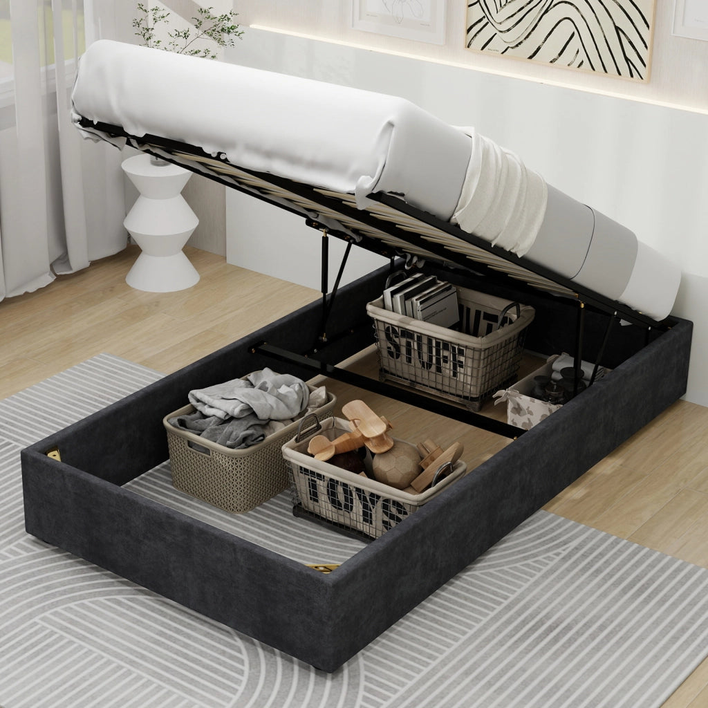 Letto Singolo 90x200 cm con Contenitore e Testiera Cartoon; in Tessuto e Metallo Grigio