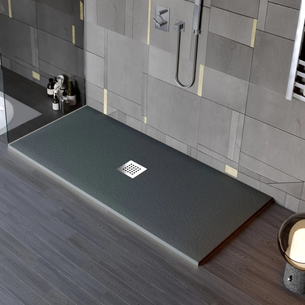 Piatto doccia in marmo resina effetto pietra con foro centrale grigio scuro chic, misura 90x120