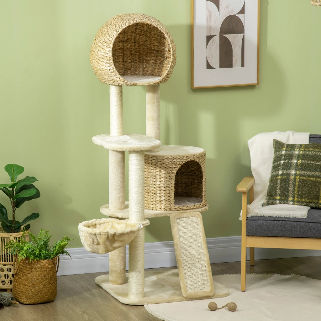 Tiragraffi per gatti beige con amaca, casetta e rampe