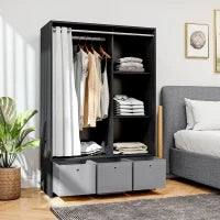 Armadio Appendiabiti con Asta, Tende, 3 Ripiani e 3 Cassetti in Tessuto Rimovibili, 105 x 48 x 160 cm, Nero