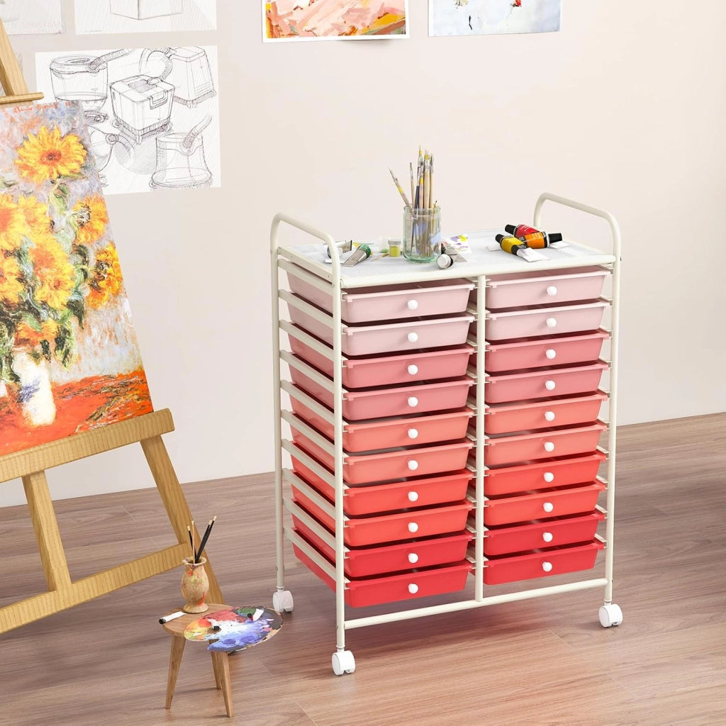 Carrello di Stoccaggio con 20 Cassetti, Carrello portaoggetti con 4 Ruote, Carrello Multiuso per Scuola Ufficio Cucina, 64 x 39 x 88 cm (Rosa)