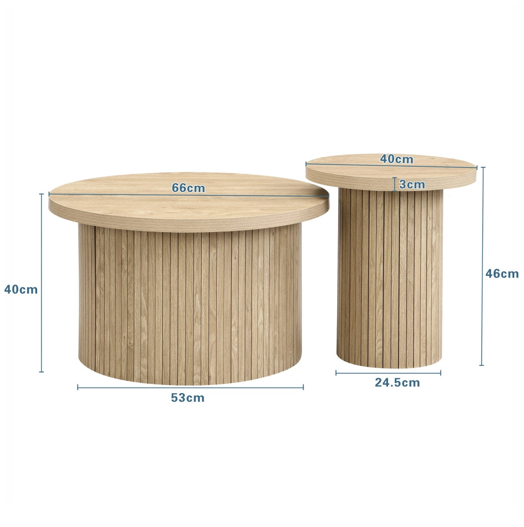 Set di tavolini rotondi moderni in MDF effetto legno naturale; 66 cm e 40 cm