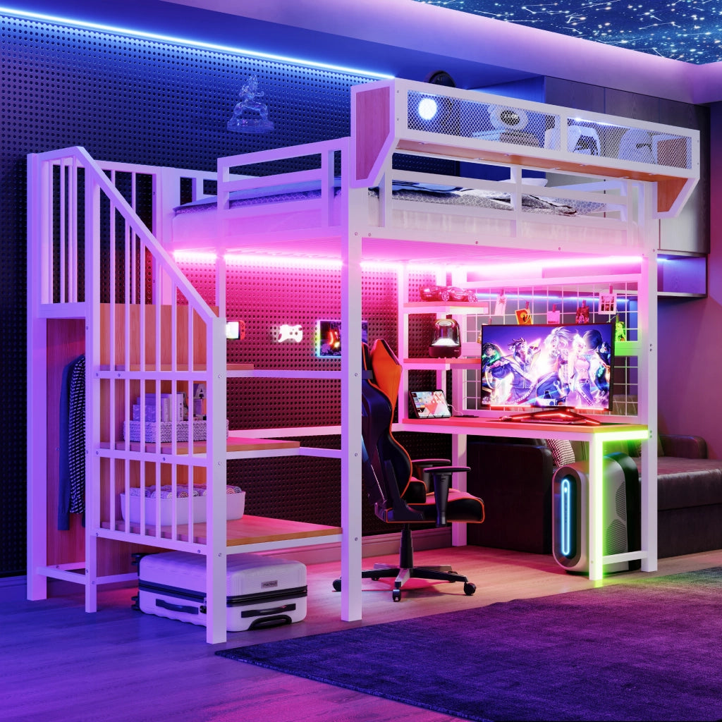 Letto a Soppalco con Scrivania, Scaletta di Sicurezza e LED ¨C MINIMAL ¨C Metallo Bianco 90x200