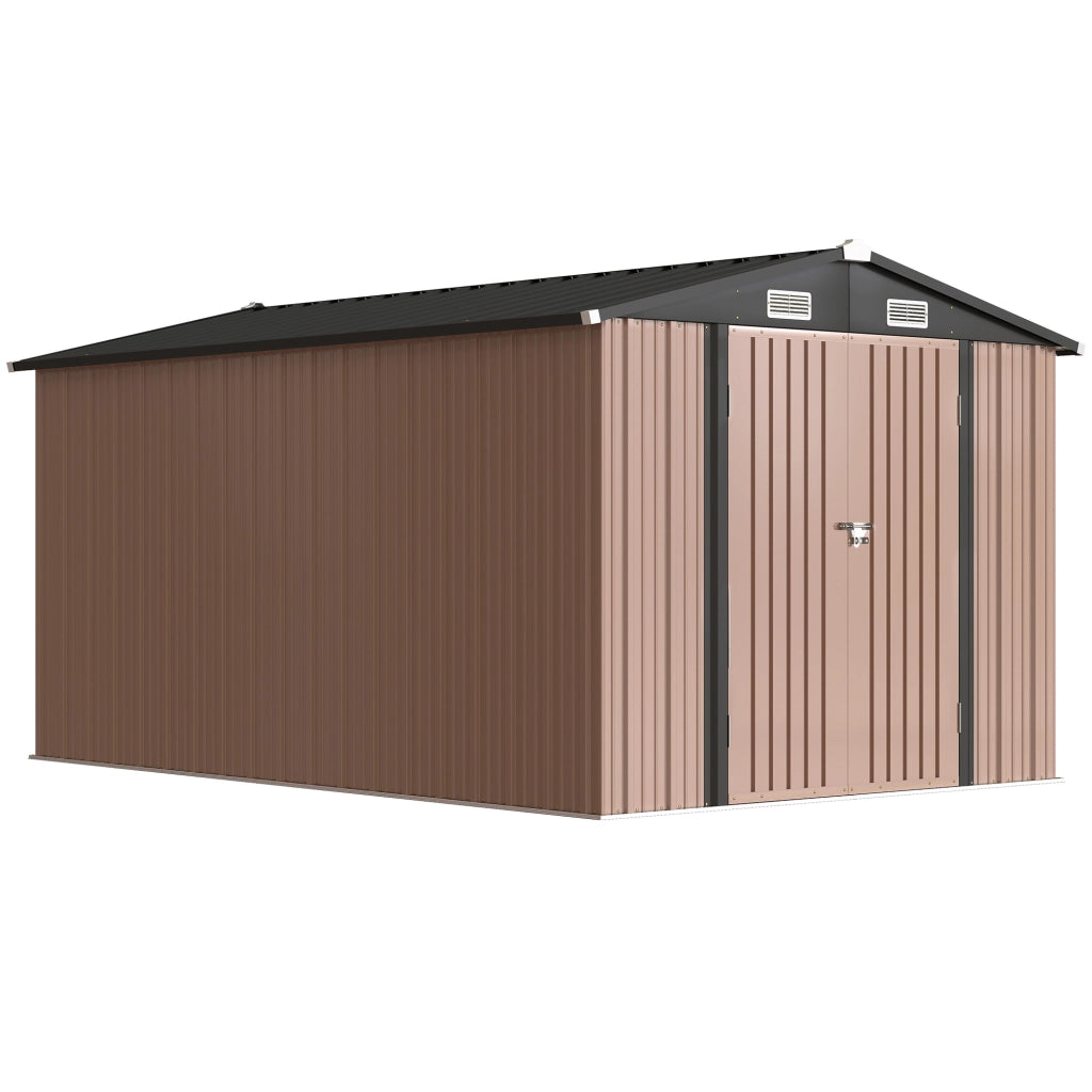 Capanno da Giardino 238x364x194 cm con 4 Prese d'Aria e Porte Doppie con Serratura in Metallo Marrone