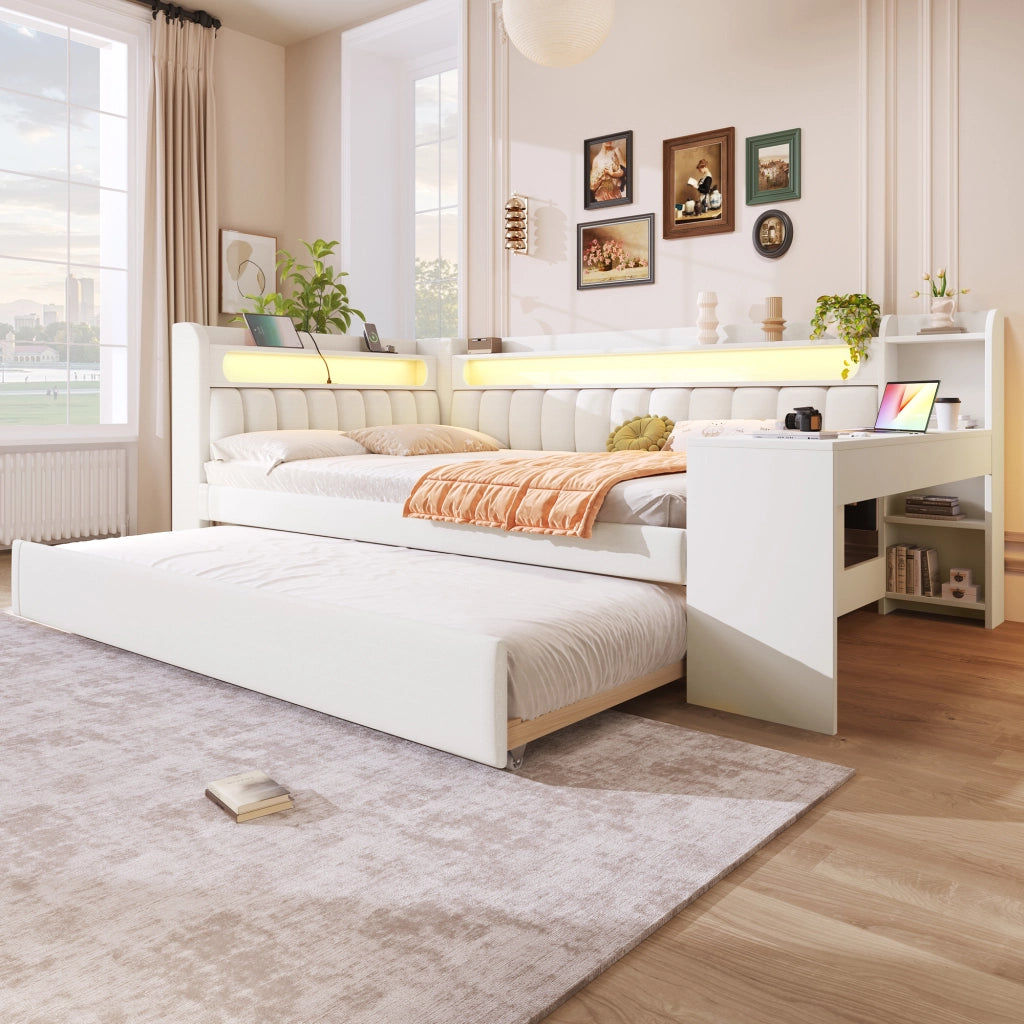 LETTO Giorno 140x200 cm Imbottito Bianco con letto estraibile, scrivania, LED e USB