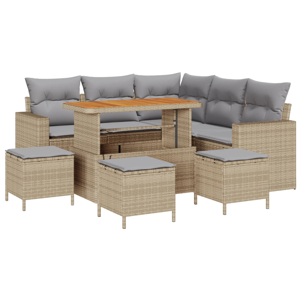 Set divani giardino  9 pezzi con cuscini Beige Polyrattan Acacia
