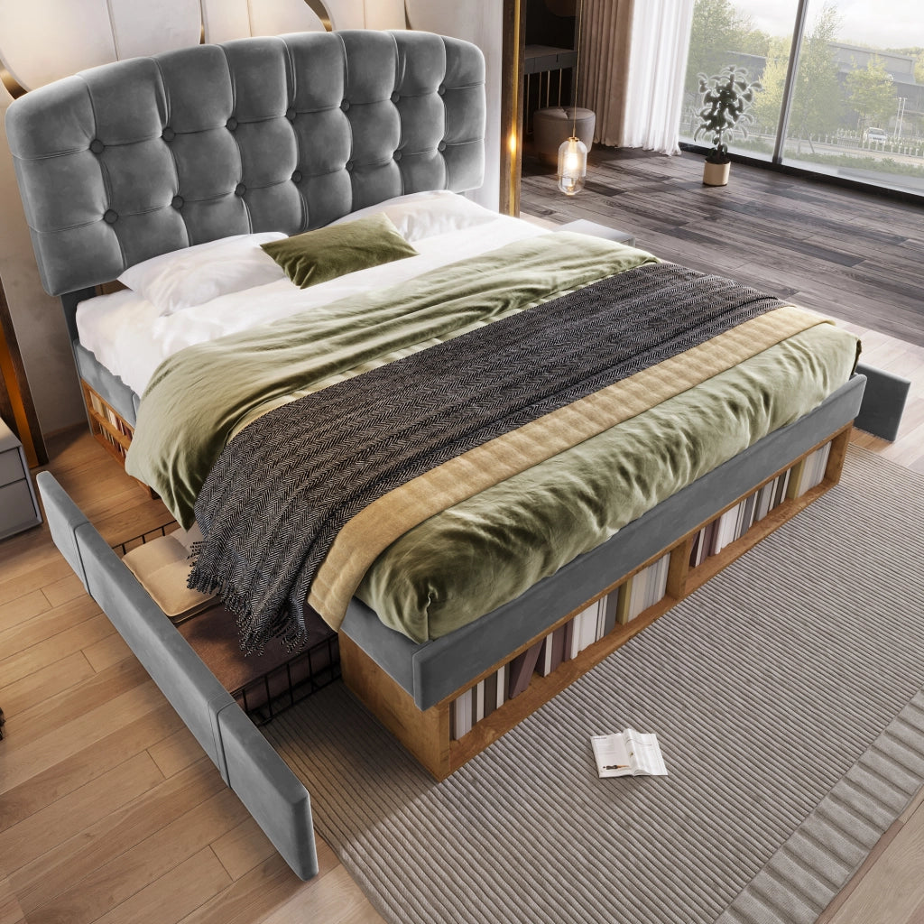 LETTO 140x190 cm Velluto Grigio con testiera regolabile e cassetti