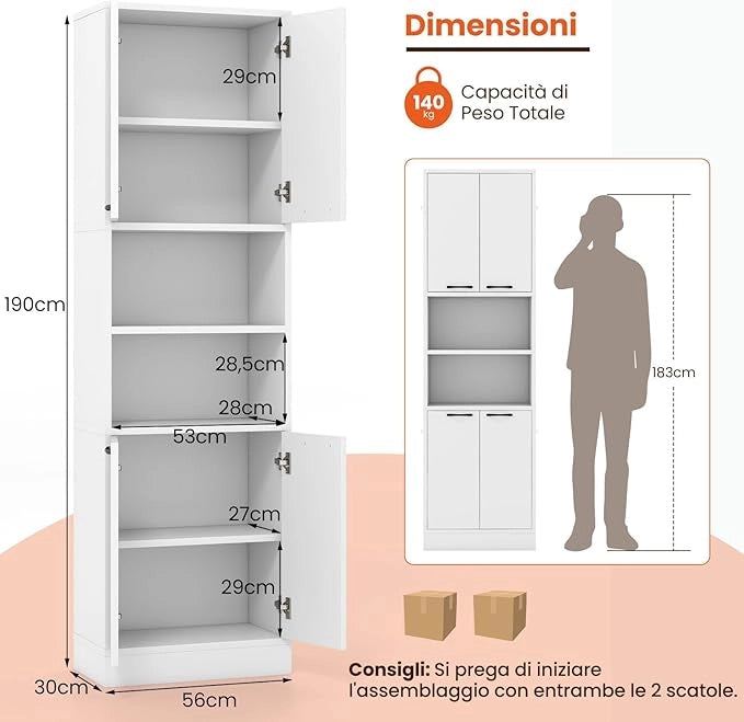 Credenza da Cucina Salvaspazio 56 x 30 x 190cm, Mobile Buffet Alto con 2 Armadi a Doppia Porta e 2 Mensole Aperte, Mobiletto Multiusuo per Soggiorno, Camera da letto e Bagno (Bianco)