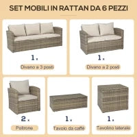 Set da Giardino 6 Pezzi in Rattan con Divani, Poltrone e Tavoli Contenitore, Beige