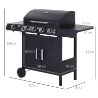 Barbecue a Gas a 5 Fornelli con Ripiani Laterali e Armadietto, in Acciaio e PP, 125x51x100 cm, Nero