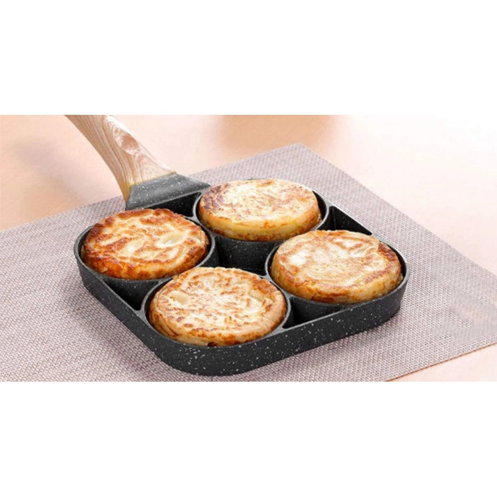 Trade Shop - Padella Antiaderente A 4 Fori Per Uova Pancake Manico In Legno Accessori Cucina 624386 -