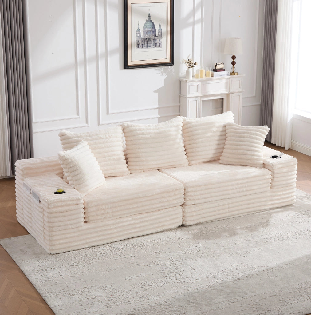 Divano letto in velluto a coste beige con contenitori
