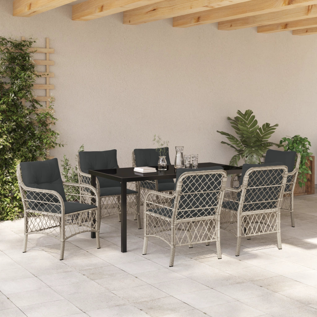 Set da Pranzo da Giardino da 7 Pezzi con Cuscini Grigio Chiaro Polyrattan