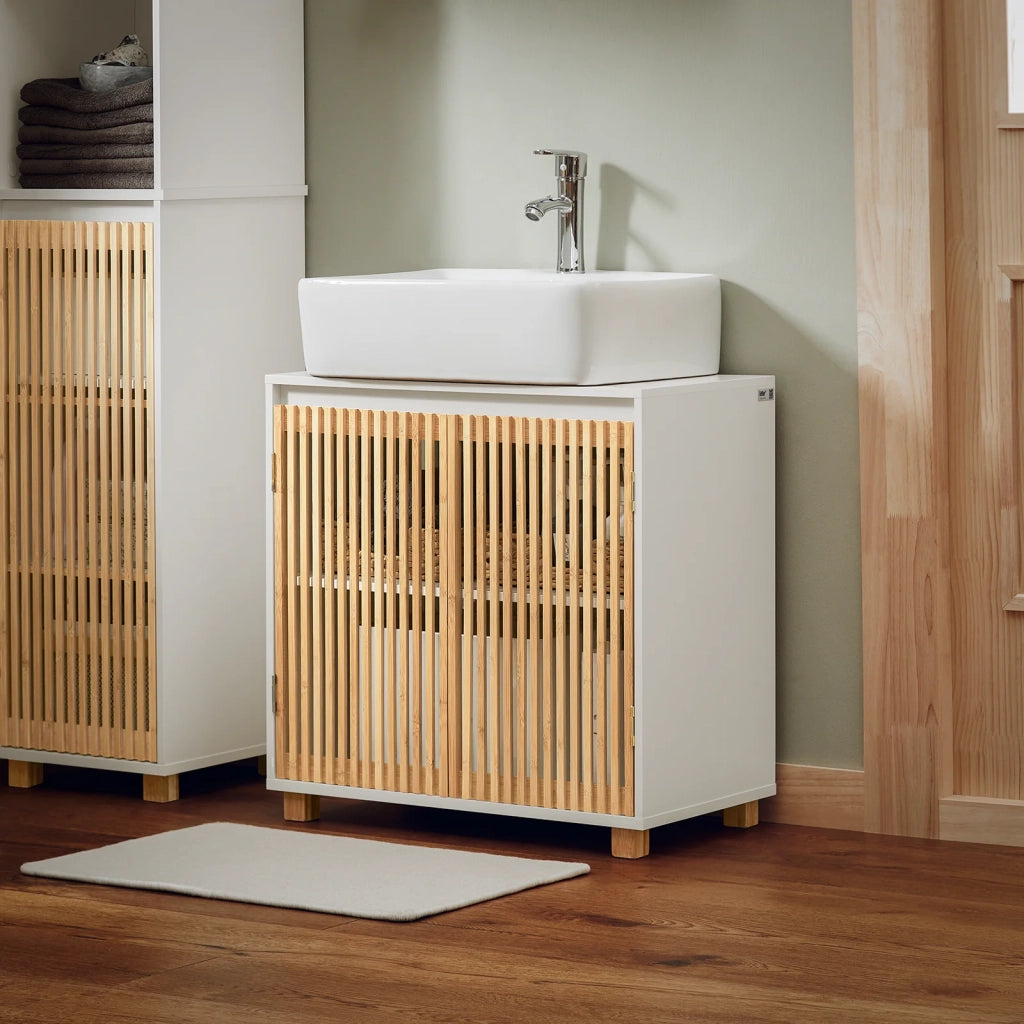 Mobile Sottolavabo Con Due Ante In Bambù Mobile Base Mobiletto Del Bagno Senza Lavandino Bianco-Naturale 60x33x60cm BZR125-W SoBuy