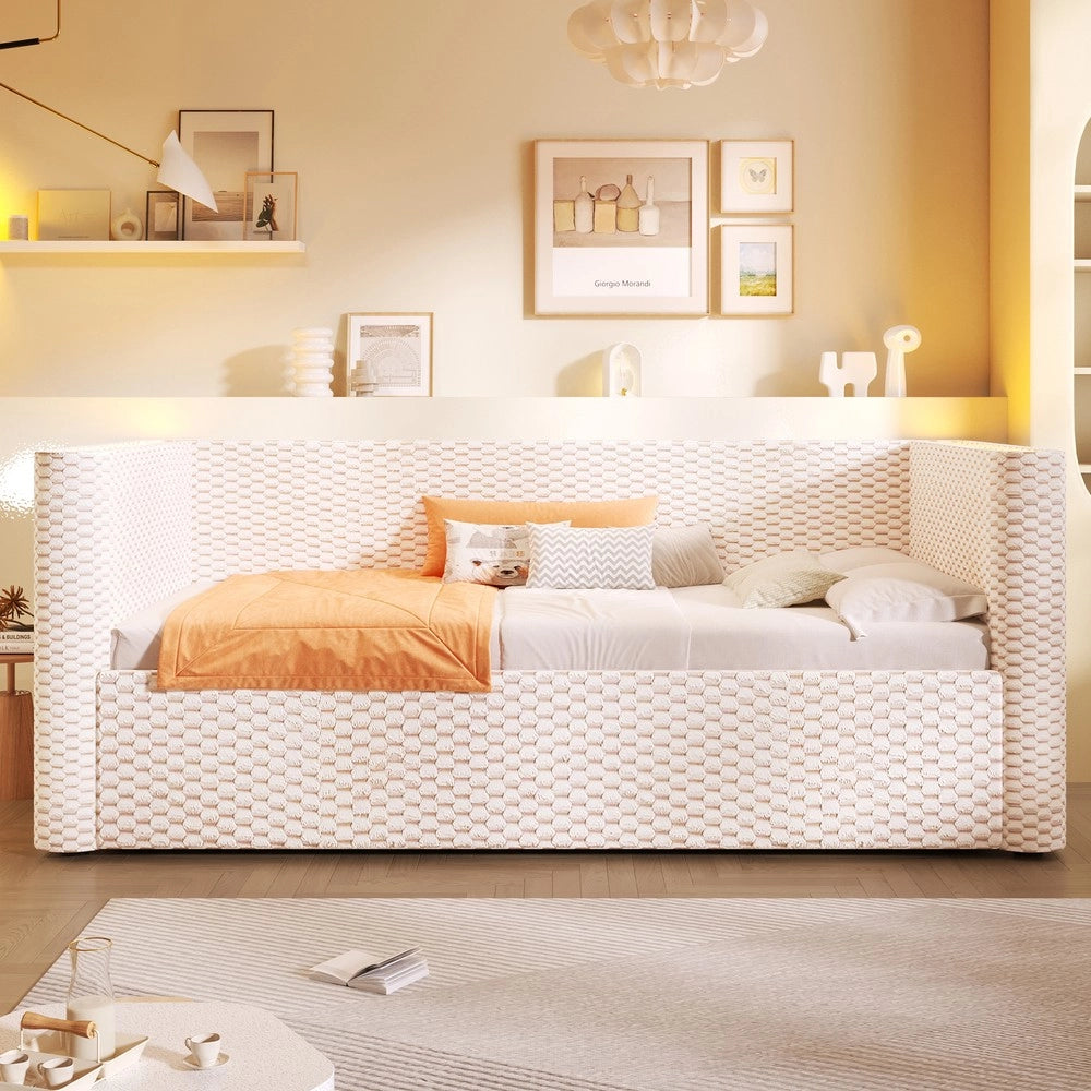 Letto Contenitore con LED ¨C Xylo ¨C Velluto Beige 90x200, Rete a Doghe