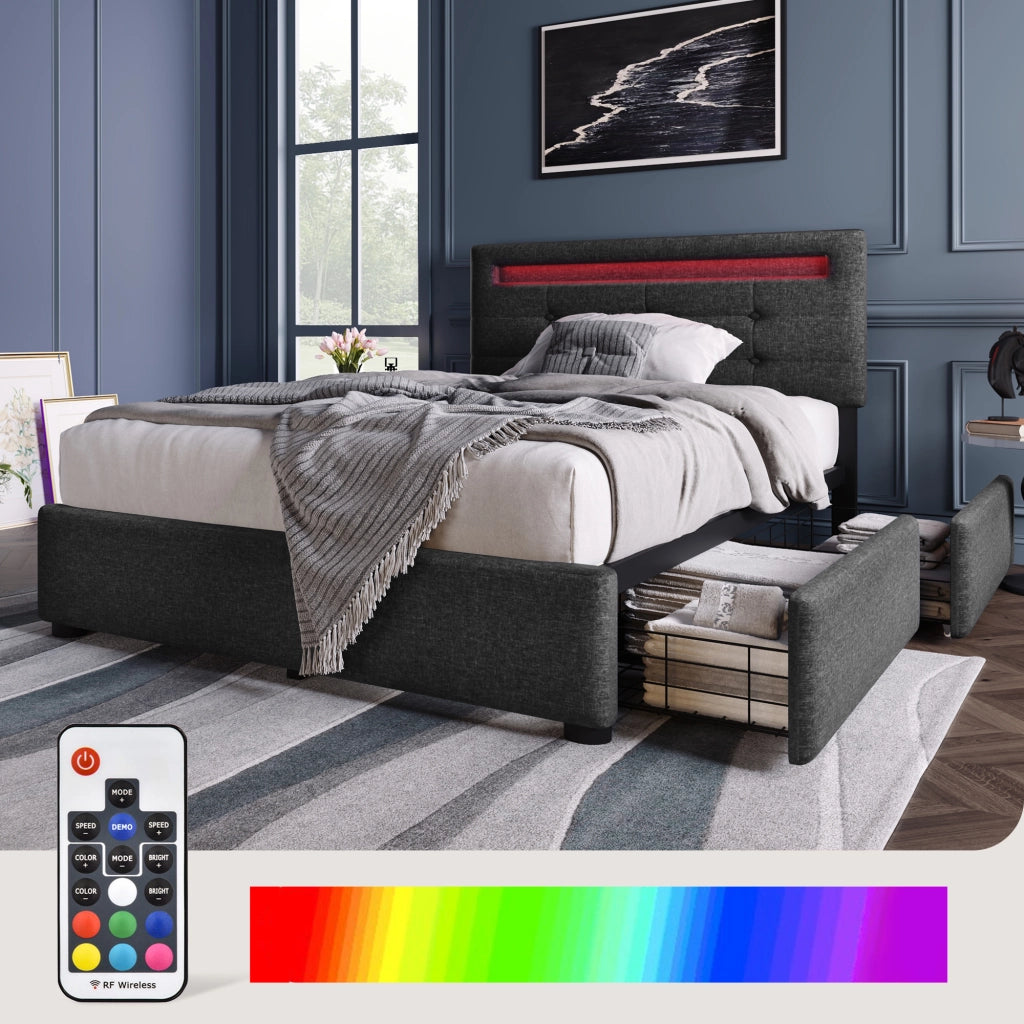 Letto singolo imbottito – 90x200 cm – LED 2 cassetti con materasso – legno grigio