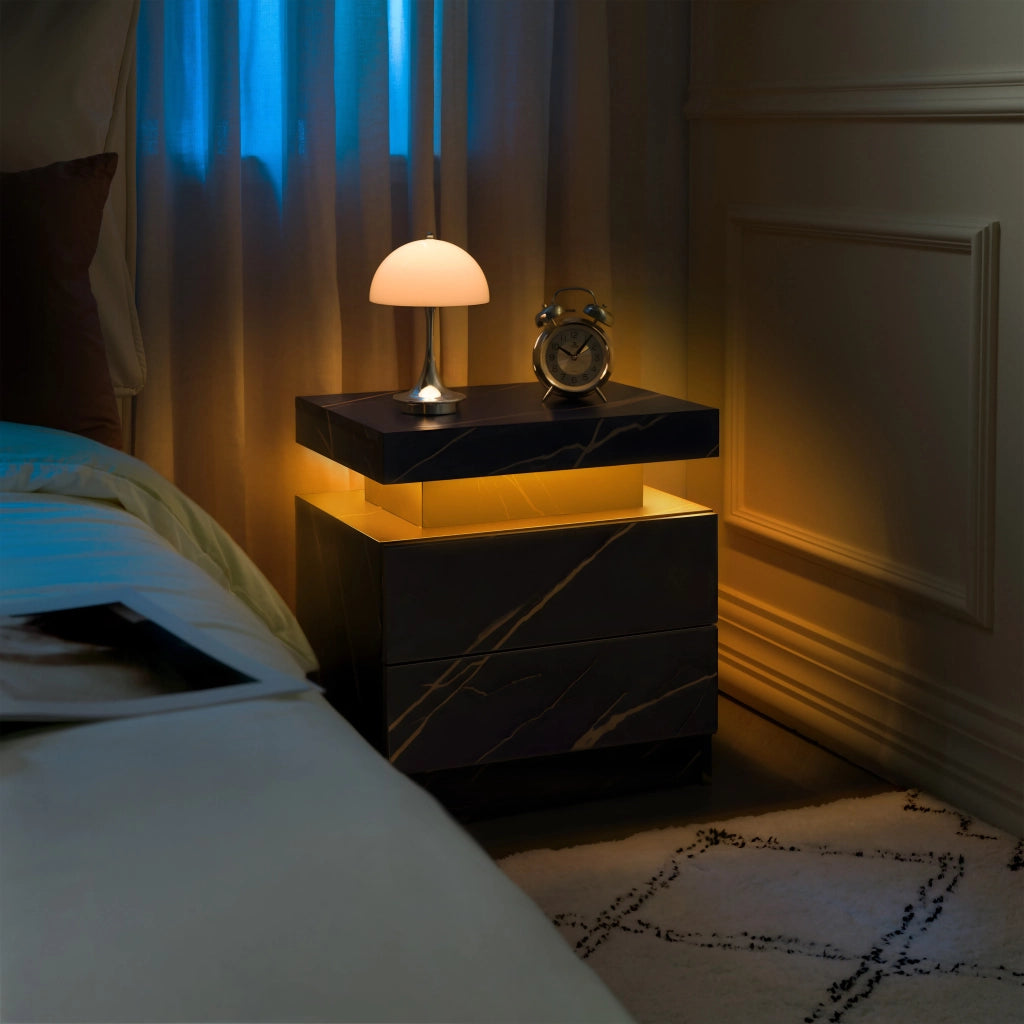 Comodino moderno con 2 cassetti, luci LED integrate, nero e oro