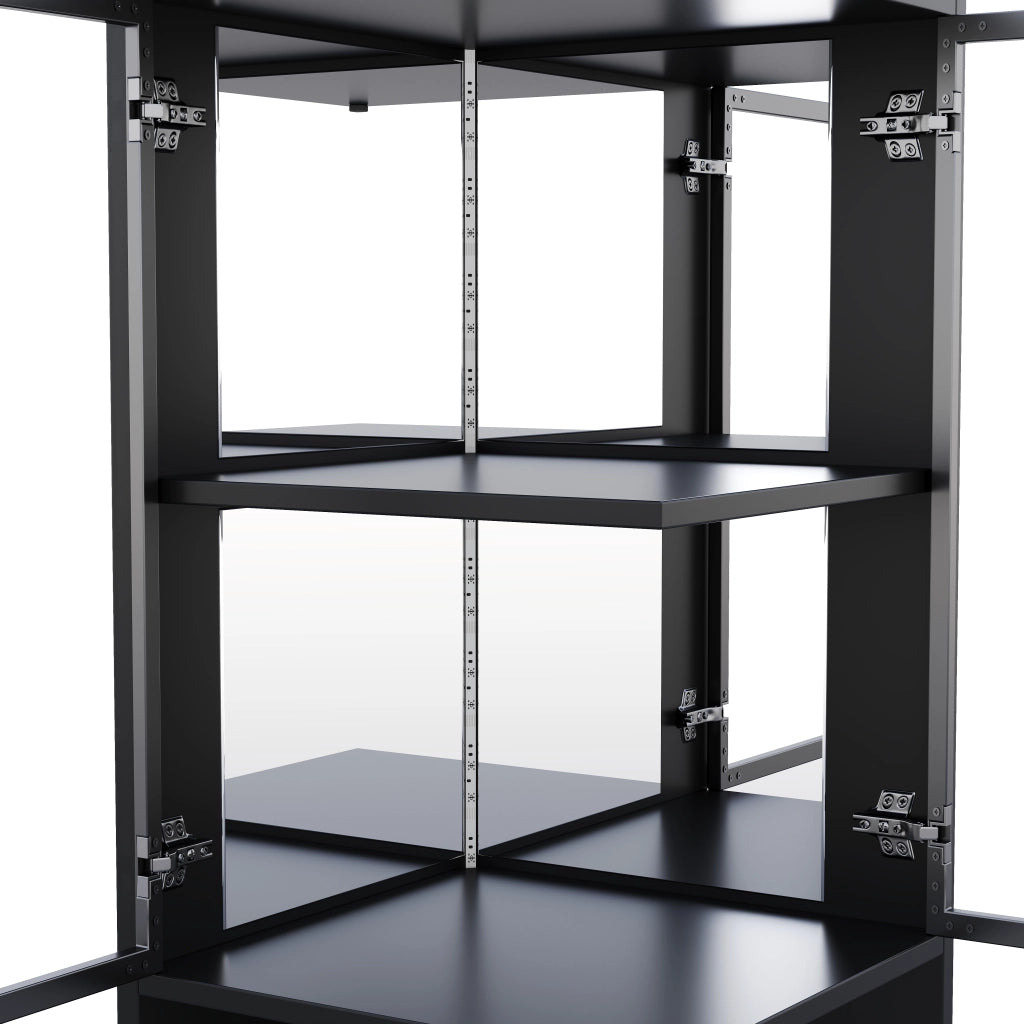 Vetrina con LED, 2 ante in vetro, specchio posteriore e vano aperto, per soggiorno, in truciolare, nero, 42 × 44 × 205 cm