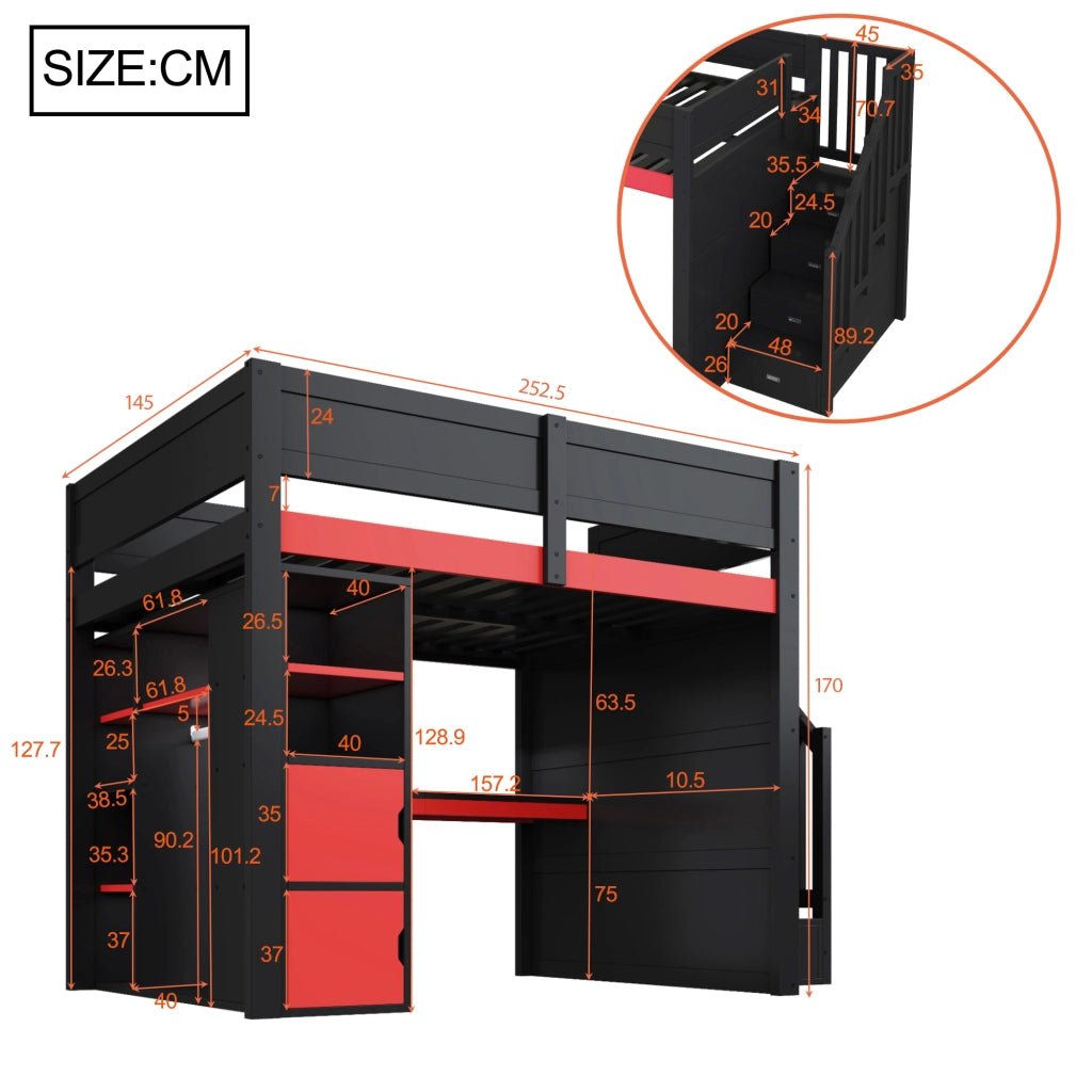 DESMIU Letto a soppalco 140 × 200 cm 2 posti con scrivania, contenitori, LED, USB e scala, senza materasso, nero rosso