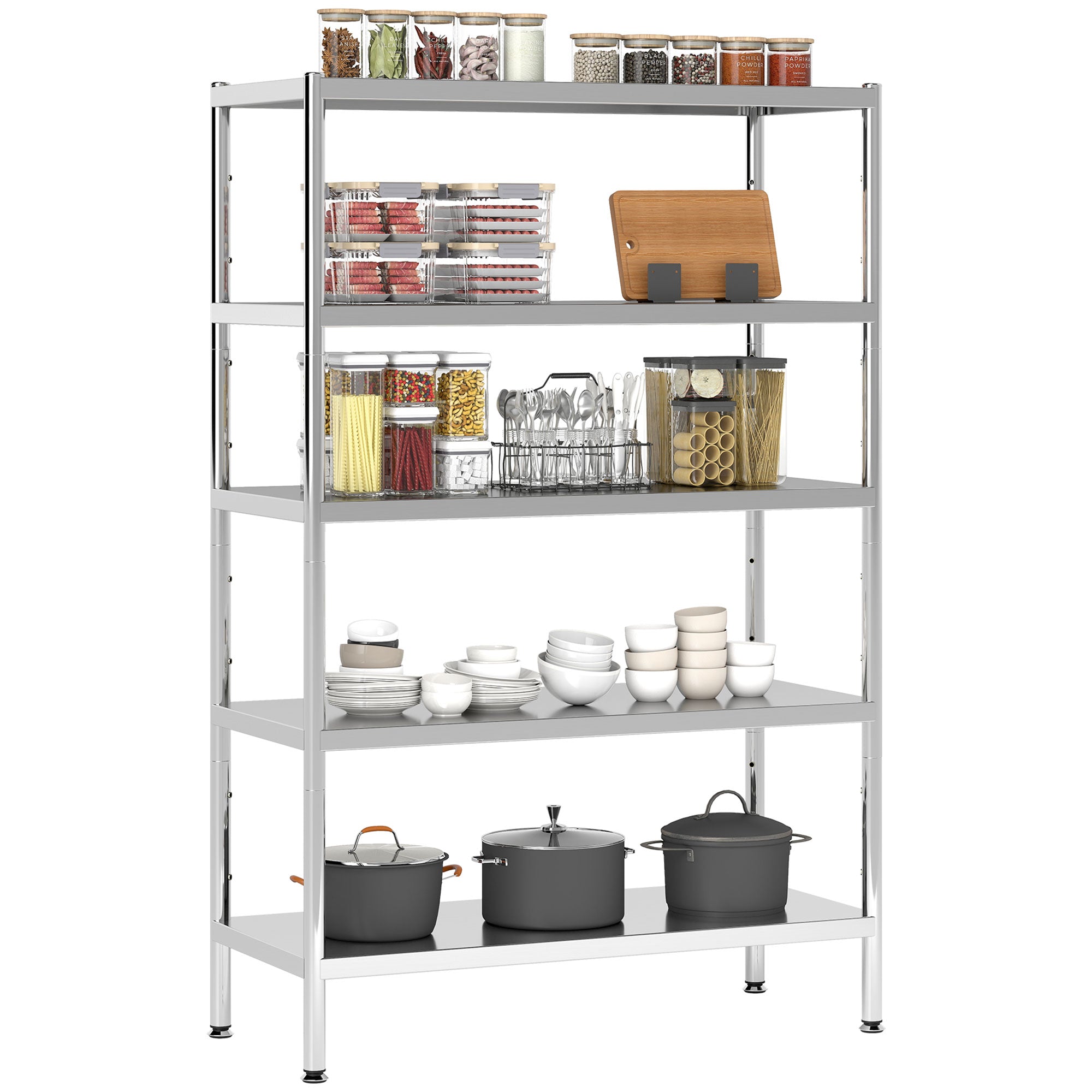 Scaffale da Cucina a 5 Livelli Regolabili 91x40x139 cm in Acciaio Inox Argento